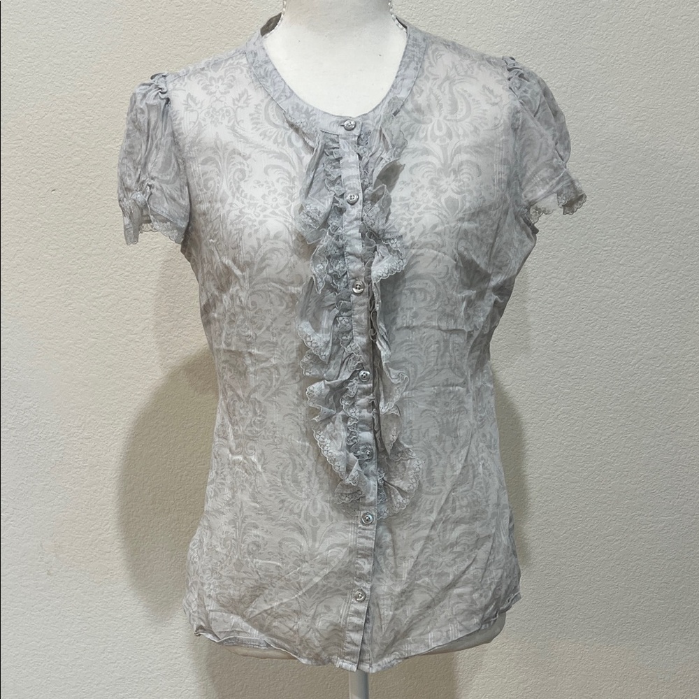 Loft Light Gray Patterned Ruffled Blouse - image 1